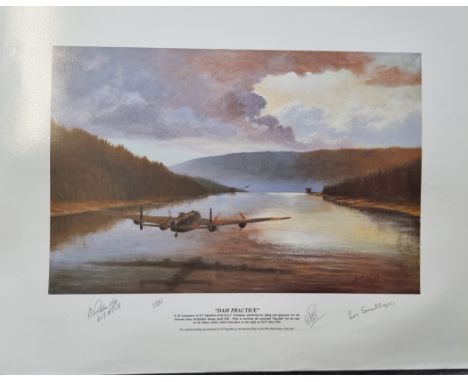 WW2 Colour Print Titled Dam Practice by G L WRIGHT Multi Signed in Pencil by Les Smith DFC, A Roddis and 1 other. Limited 476