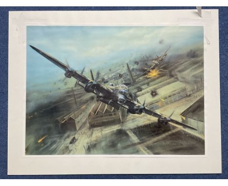WW2. Artist Chris Stothard colour print titled The Augsburg Raid. Unsigned. Limited edition 300 of 500. attached to card by m