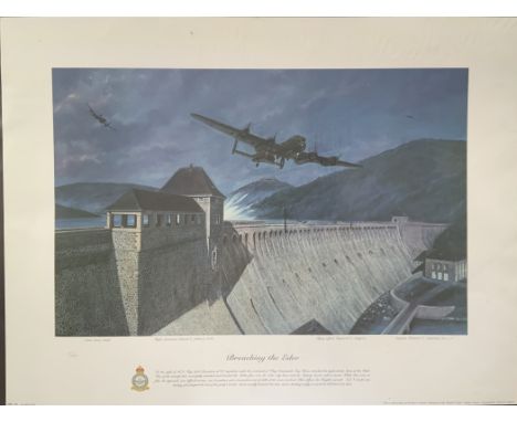 WW2 Colour Print Titled Breaching the Eder by Simon Smith Measuring 22x26 inches appx. Very Good Condition. All autographs ar