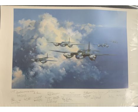 Mosquito By Frank Wootton WW2 Colour Print. Signed in pencil by 21 people including the artist Frank Wootton, Group Captain J