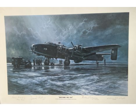 WW2 Colour Print Titled Before We Go by John Rayson, Signed by Captain Leonard Cheshire, Arthur Harris, Lewis Hodges. Measure