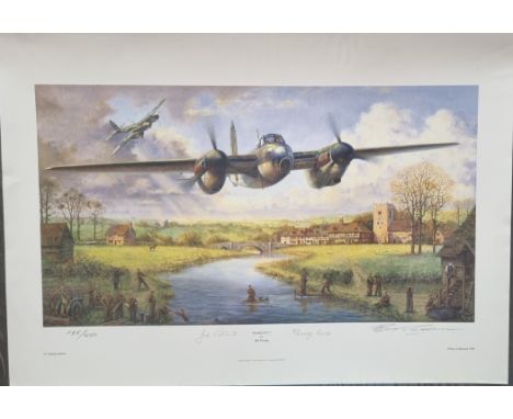 WW2 Colour Print Titled Mosquito ! by Bill Perring Signed in Pencil by Bill Perring, Joe Patient and one other. Limited 135 o