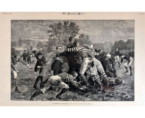 LATER FRAMED ANTIQUE RUGBY PRINT from 'The Pictorial World' dated December 30, 1882 entitled 'A Scrimmage at Football - Ball'