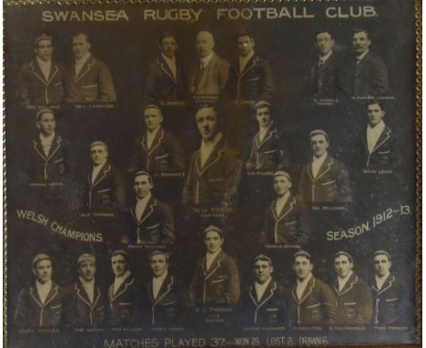 A FRAMED SEPIA PHOTOGRAPH OF SWANSEA RUGBY FOOTBALL CLUB, SEASON 1912-13 each club member in blazer, cap if applicable and ne