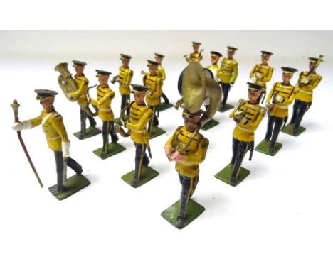 Britains US Army, Musicians in yellow jackets from set 2110 (two repainted, one bass drumstick and transfers missing) with Ca