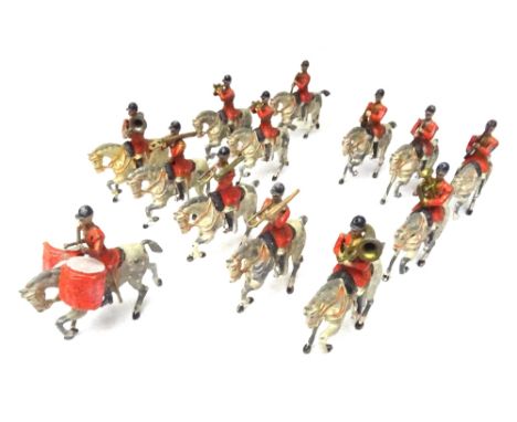 Britains from set 101, mounted Band of the First Life Guards FIRST VERSION red jackets, slotted arms, Drum Horse (kettle drum