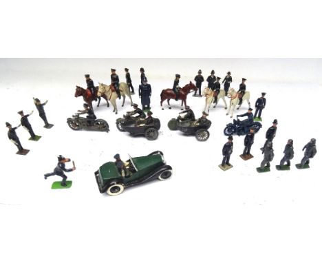 Britains, Hill, Timpo and other Police with three Britains  Luftwaffe Pilots from set 1895, Britains recast Police Car with o