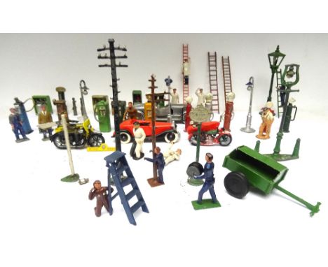 Various Road and Garage related items two recast cars, Gas lamp with Gaslighter, Petrol Pumps, Oil Cabinets, Street Lamps, Tr