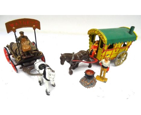 Morestone Gypsy Caravan and horse with Charbens Gipsy, Woman and Child with cookpot, and Taylor and Barrett Brewer's Dray wit