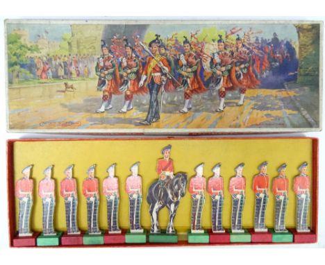 Chad Valley RARE boxed set of Royal Scots plywood toy soldiers, 75mm size, with wooden stands and other similar figures in wo