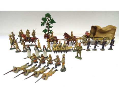 British Army and Navy column, Boer War various German manufacturers and scales, with tinplate four horse Ambulance Wagon, Ren