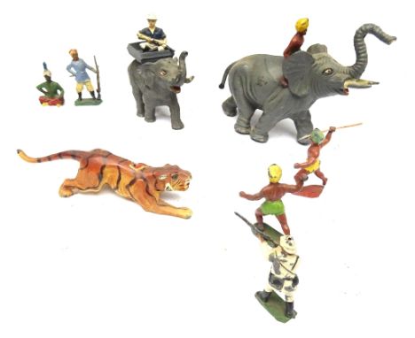 Timpo Tiger Hunt large elephant, European Hunter, Rajah, Mahout, two Beaters (spear missing), wounded Tiger, and Zoo Elephant
