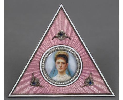 A Russian silver and enamel gem and seed pearl set photograph frame with 88 Zolotnik mark, maker's mark of HW and stamped Fab