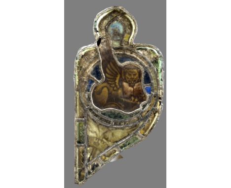 A pair of antique leaded stained glass panels, possibly 15th centuryOne decorated with a figure of a winged lion reading a bo