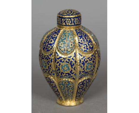 A 19th century Indian Kashmiri enamelled and gilded copper canister and coverOf baluster form, worked with floral sprays.  16