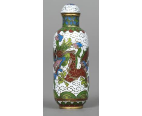 A Chinese cloisonne enamelled snuff bottle and stopperWorked with a dragon chasing a flaming pearl.  6 cm high.  CONDITION RE