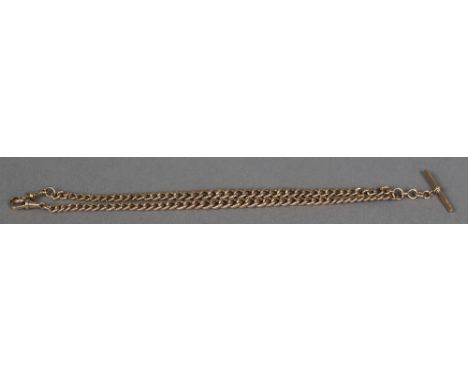 A 9 ct rose gold watch chain set with a T bar and two clasps43.5 cm long. CONDITION REPORTS: Generally in good condition, som