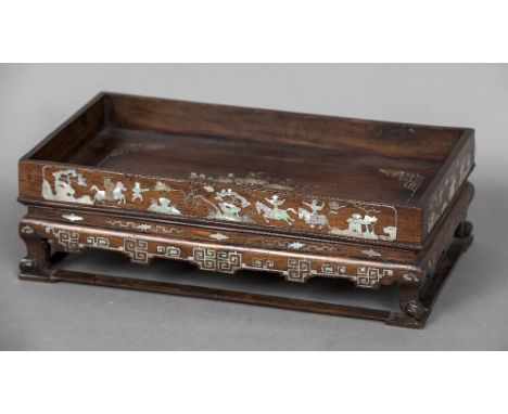 A 19th century Chinese mother-of-pearl inlaid tea tableOf low galleried form, decorated with warring figures.  30.5 cm wide. 