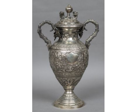 A large Chinese Export silver twin handled vase and cover, maker's mark S.SThe cover with twin dragon and flaming pearl finia