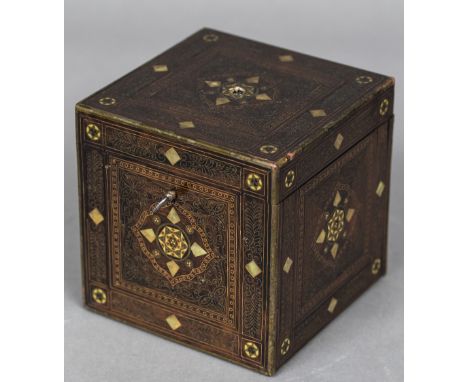 A Continental gilt metal, white metal and mother-of-pearl inlaid rosewood caddyOf square section, the hinged cover enclosing 