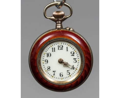 A Victorian enamel decorated silver fob watchThe white enamel dial with Arabic numerals. 2.75 cm diameter.  CONDITION REPORTS