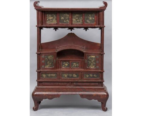 A late 19th/early 20th century Japanese ShodanaOf typical architectural form with lacquered decoration.  94 cm wide; 133 cm h