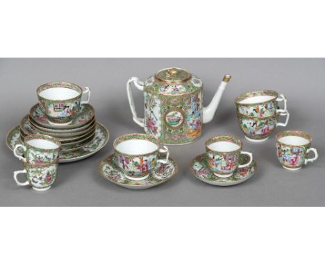 A quantity of 19th century Chinese Canton porcelain Comprising: teapot and cover, a plate, four teacups and saucers, and four