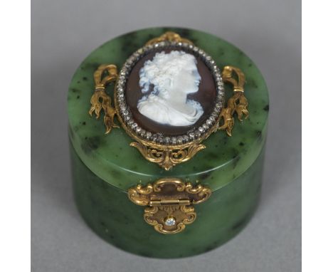 A Russian cameo and gold mounted diamond set carved spinach jade box and cover with 88 Zolotnik mark, maker's mark of AH and 