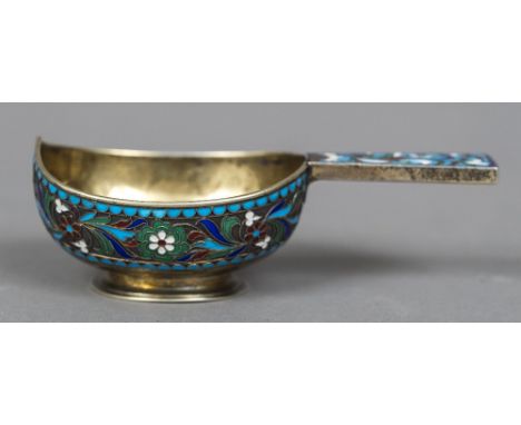 A Russian silver and champleve enamel kovshWith 84 Zolotnik mark for Yakov Nikolayevich Lyapunov and maker's mark NL in cyril