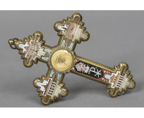 A micro mosaic set brass crucifixDecorated with various views of St. Peters Square, centred with a portrait roundel of the Po