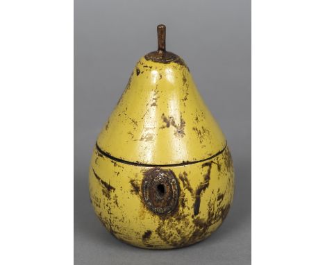 A carved wood and painted pear shaped caddy Of typical form, with hinged cover.  16 cm high. CONDITION REPORTS: Interior dist
