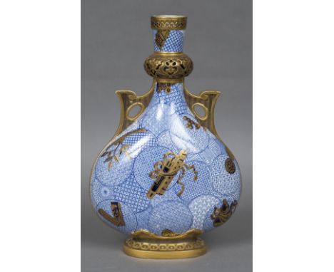A Royal Worcester porcelain twin handled Aesthetic moon flaskBlue and white transfer and gilt decorated, puce printed mark to