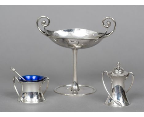 An Arts & Crafts hammered silver twin handled tazza, hallmarked Birmingham 1910, maker's mark of G L Connell LtdThe pierced b