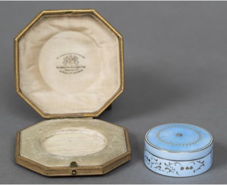A 19th century Continental gold inlaid and diamond set enamel box and coverOf circular section, in fitted case for Goldsmiths