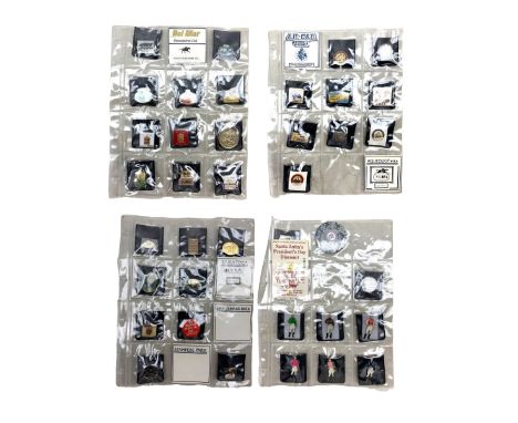 Collection of American enamel racecourse badges including Santa Anita, Del Mar thoroughbred Club, Saratoga in plastic sleeves