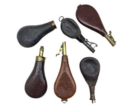 Group of six leather shot flasks including a tear drop shaped flask embossed with hunting scenes, another by Sykes with brass