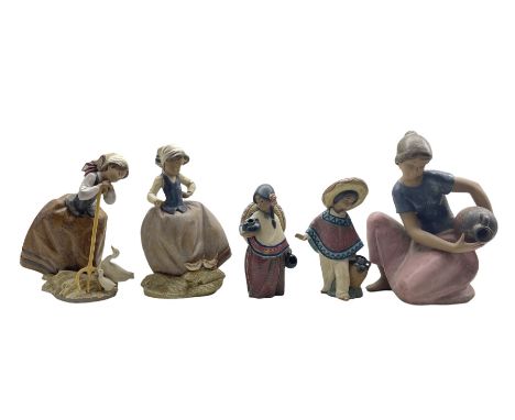 Lladro Gres figure 'Young Water Girl' No2336, a pair of Gres figures 'Harvest Helpers' No2178 and 'Sharing the Harvest' No217