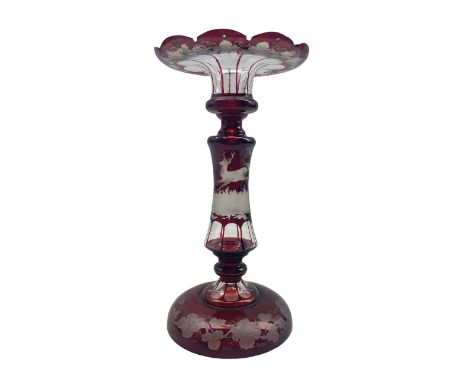 19th century Bohemian ruby flash cut glass table lustre, the central column etched with a stag in a woodland setting, and gra