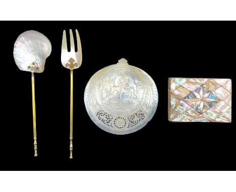 Victorian mother of pearl visiting card case, carved mother of pearl plaque with a view of the Holy Family and a mother of pe