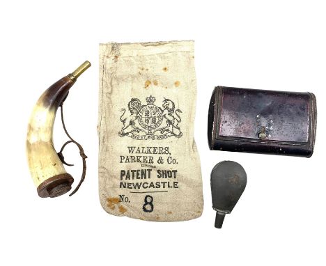 19th century polished horn powder flask with brass nozzle and copper cap moulded in relief with Eros, L24cm, Walkers Parker &