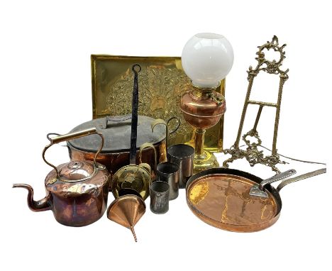 Victorian copper and brass oil lamp, converted to electricity, set of three milk measures with brass handles, large copper pa