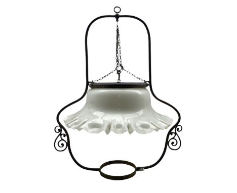 Hanging oil lamp with opaque glass shade with frill rim, H61cm  