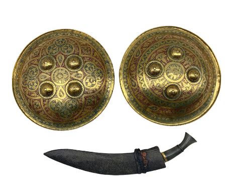 Pair of Indian brass shields D30cm and Kukri knife with horn handle and leather scabbard (3)