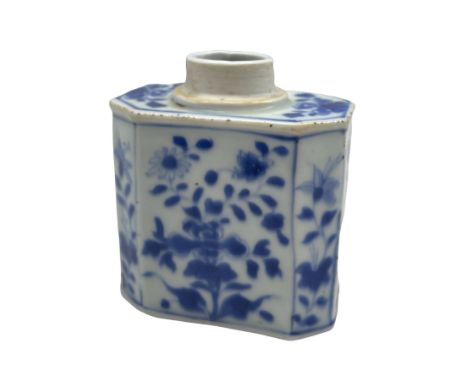 19th century Chinese blue and white tea caddy of octagonal form, decorated throughout with trailing foliage, H10cm x W9cm 