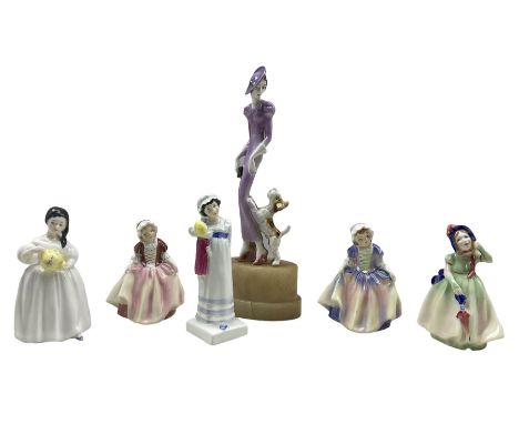 Art Deco pottery figure of a woman with a Fox Terrier by her feet, mounted on oval alabaster base H29cm, together with five R