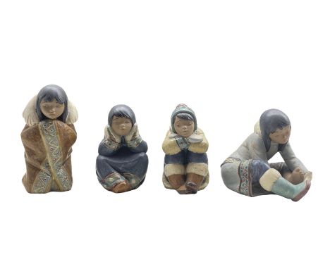 Series of four Lladro Gres figures 'Arctic Winter' No2156, 'Eskimo Girl with Cold Feet' No2157, 'Pensive Eskimo Girl' No2158 