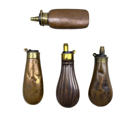 Sykes Patent copper and brass pistol powder flask, Dixon &amp; Sons fluted copper pistol powder flask and two others, L13cm m