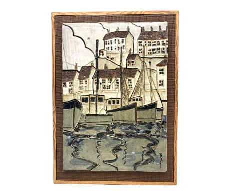 Burley pottery, Hampshire, studio pottery tile picture depicting a seaside town, mounted in pine frame, H54cm x W38cm