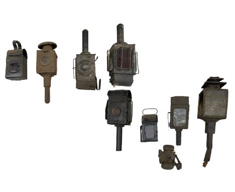 Six various black japanned carriage lamps, a cycle lamp and two other lamps (9)