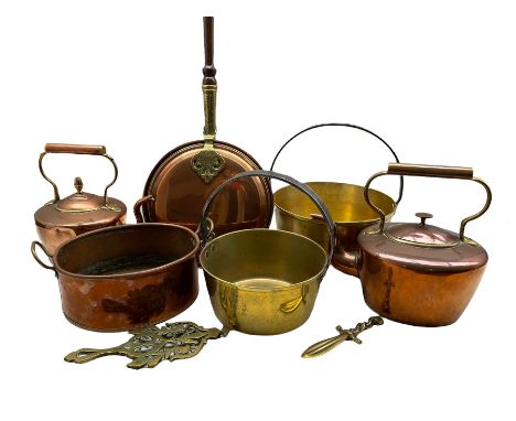 Victorian brass preserve pan D29cm, smaller preserve pan, warming pan,  copper planter, two copper kettles etc